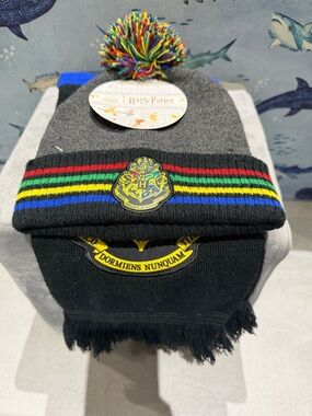 Warner Bros. Harry Potter Gray & Black Pom-Pom Beanie with Multicolor Stripe